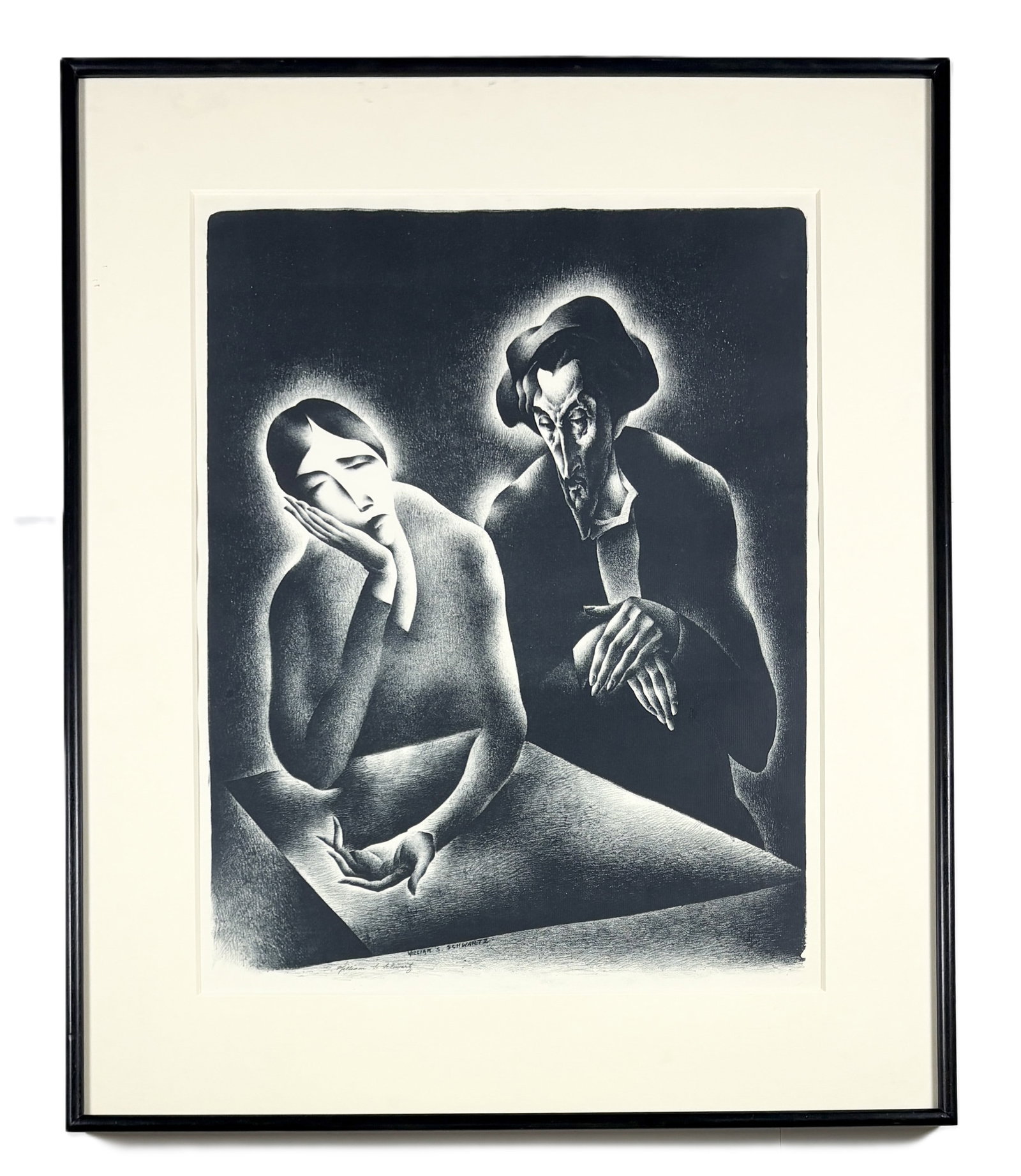 William S. Schwartz, Lithograph No. 53 (Pencil Signed): William S. Schwartz (1896–1933) Lithograph No. 53 pencil signed lithograph on paper 29.5 x 24.5 inches This lithograph depicts two seated figures rendered in a tonal, closely worked composition