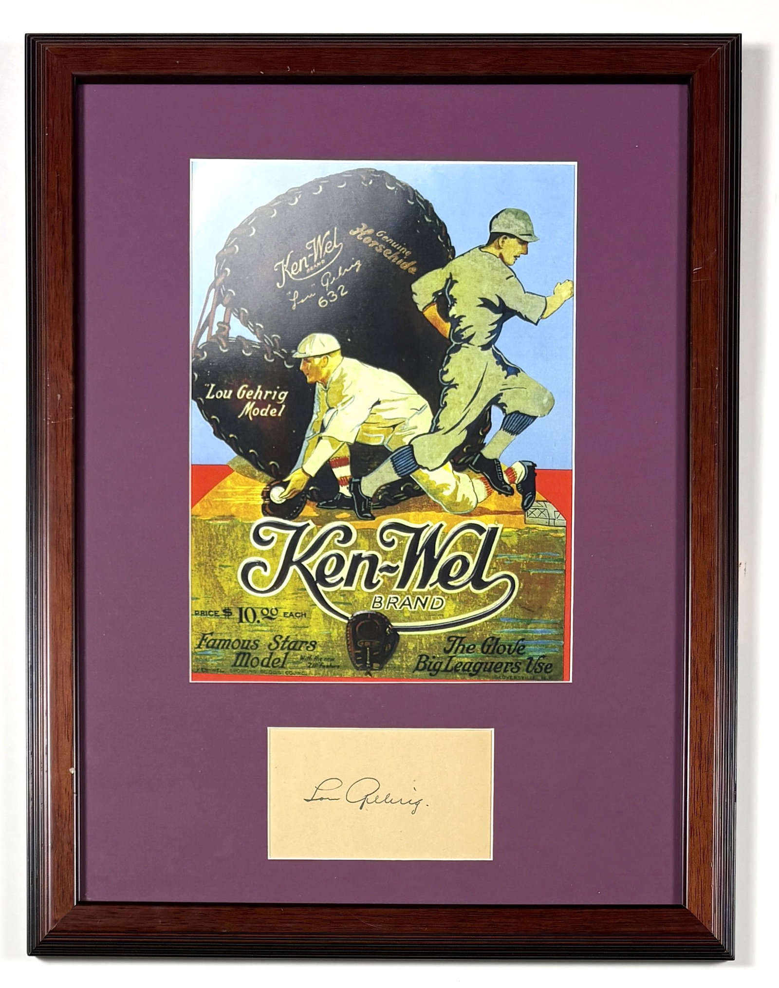 Lou Gehrig - Framed Photo with Cut Signature, COA: Lou Gehrig (1903–1941) Framed Baseball-Themed Display printed image with cut ink signature 17.5 x 13.5 inches This framed display combines a color printed baseball-themed image with a separately