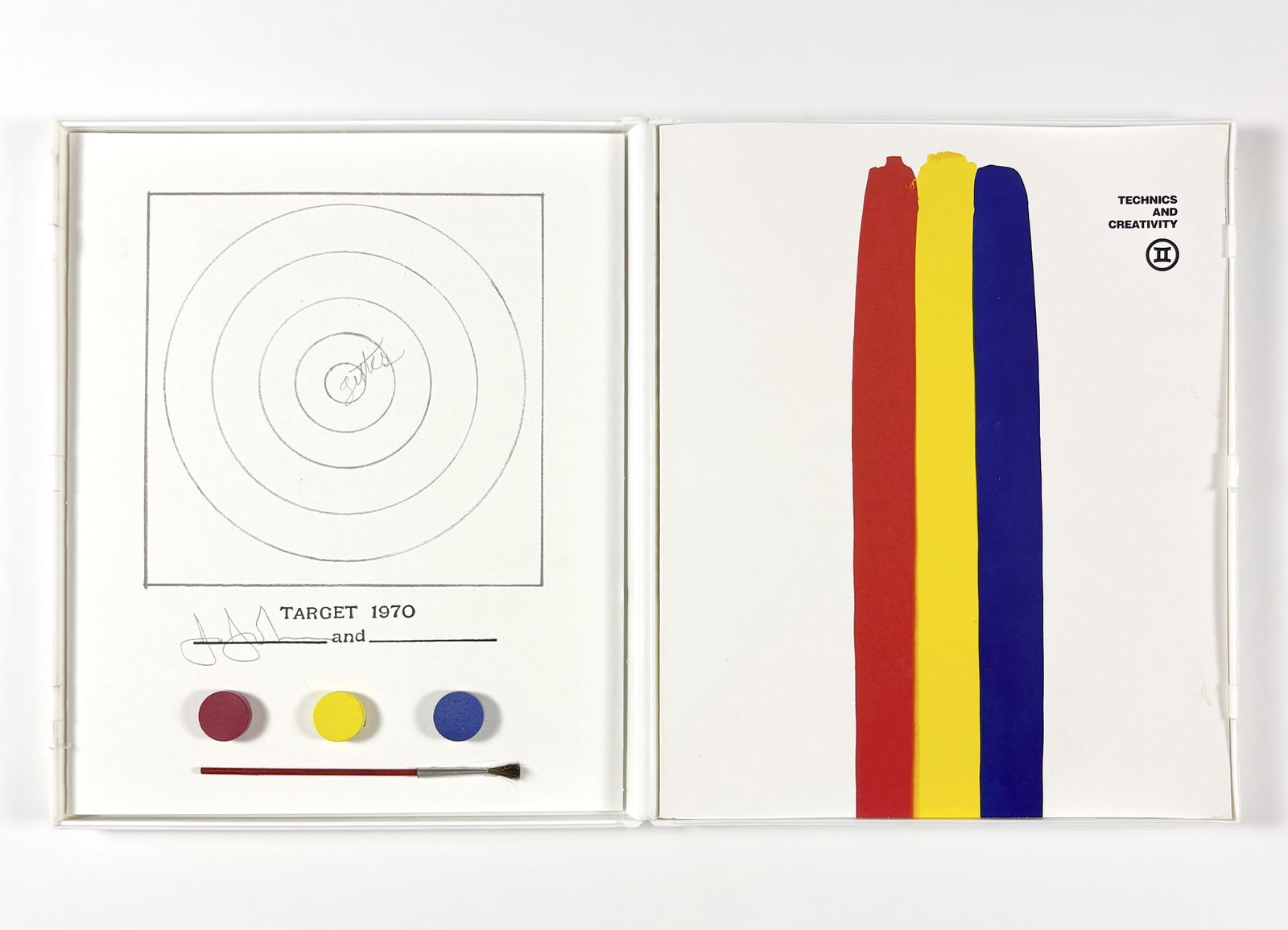 Jasper Johns Technics and Creativity, Gemini G.E.L.: Jasper Johns (born 1930) Target, from Technics and Creativity 1970–1971 offset lithograph with collage of red, yellow, and blue watercolor cakes and brush on paper from the edition of 25,500 publish