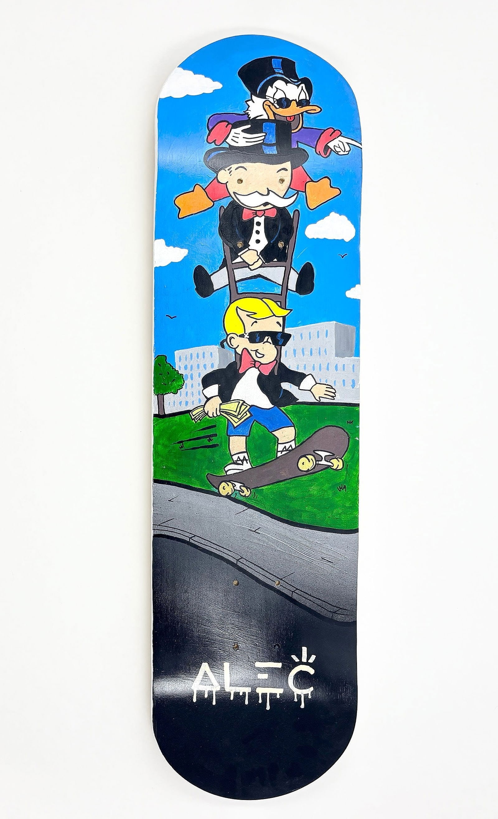 Alec Monopoly – Richie Rich, Scrooge McDuck & Monopoly Man, Hand-Painted Skateboard Deck (1 of 8)