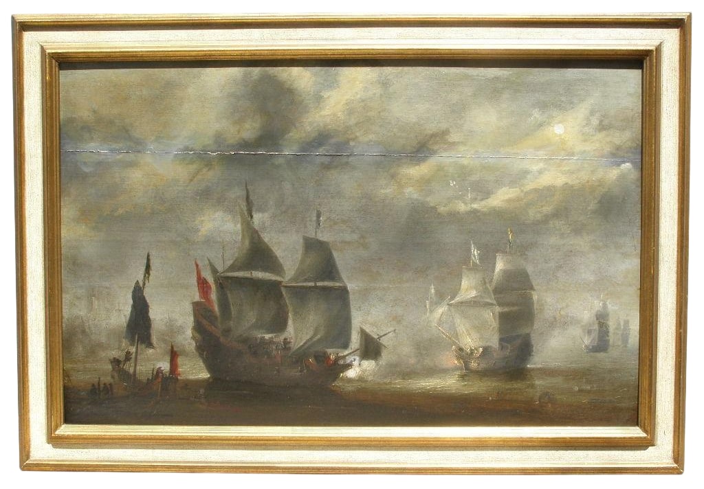 17th Century Dutch School - Maritime Sea Battle, Oil on Wooden Planks (1 of 3)