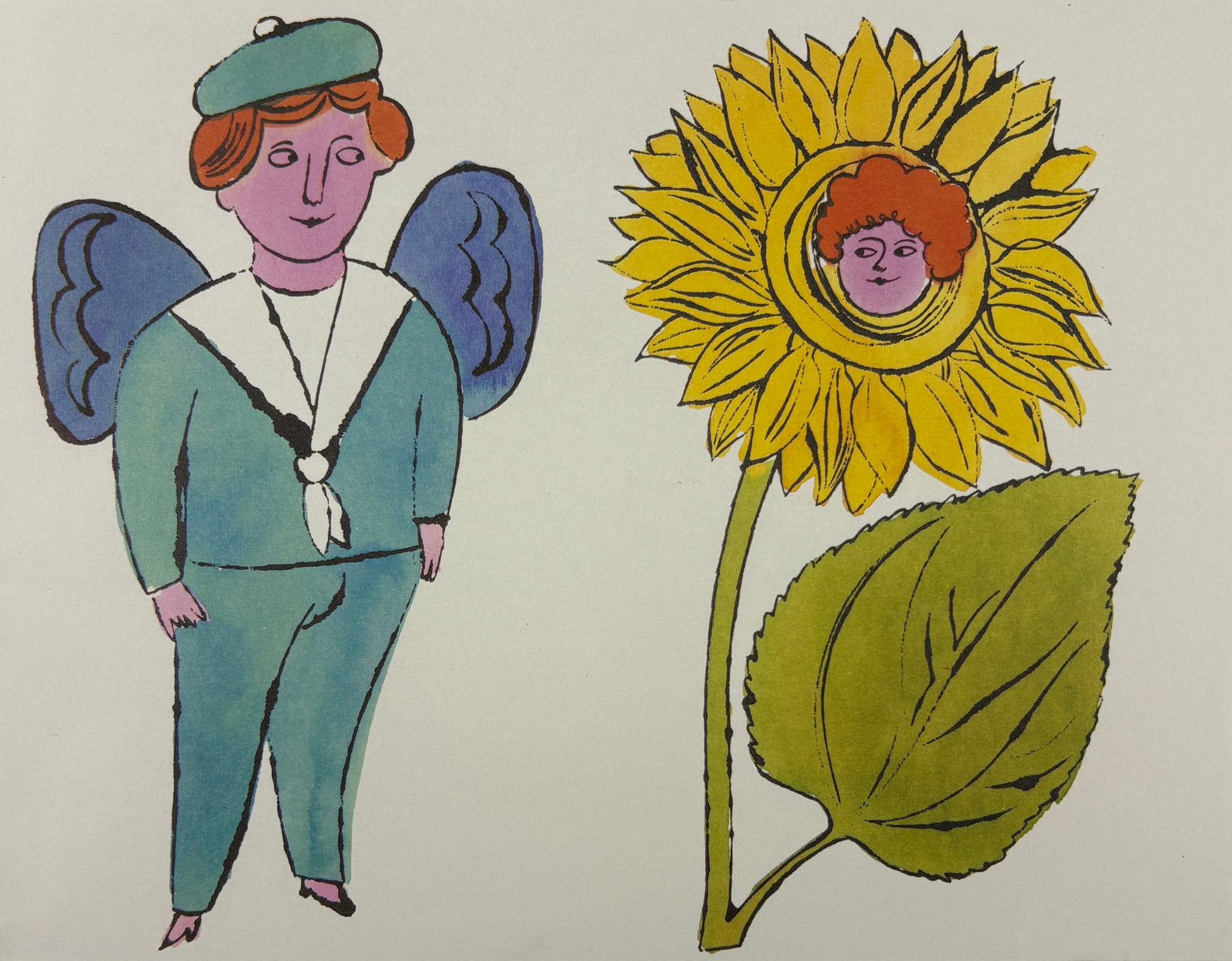 Andy Warhol – Angel and Sunflower, Vintage Print: Andy Warhol (1928–1987) Angel and Sunflower 1956 series print on paper 7.75 x 10 inches A printed composition titled Angel and Sunflower, drawn from Andy Warhol’s 1956 series In the Bottom of My G