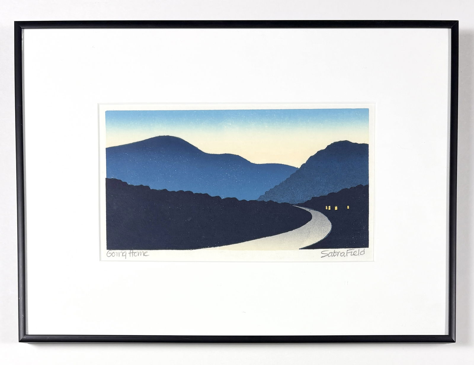 Sabra Field - Going Home, Woodblock: Sabra Field Going Home woodblock print 11.5 x 15.75 inches A woodblock print depicting a winding road through a simplified mountain landscape, rendered in layered fields of color characteristic of Sab