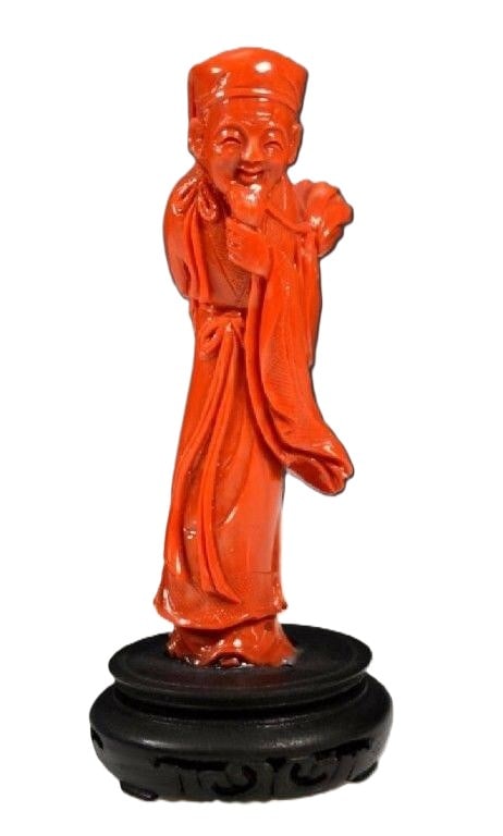 Chinese Carved Coral Scholar Figure on Wood Stand, 19th–20th Century (1 of 3)