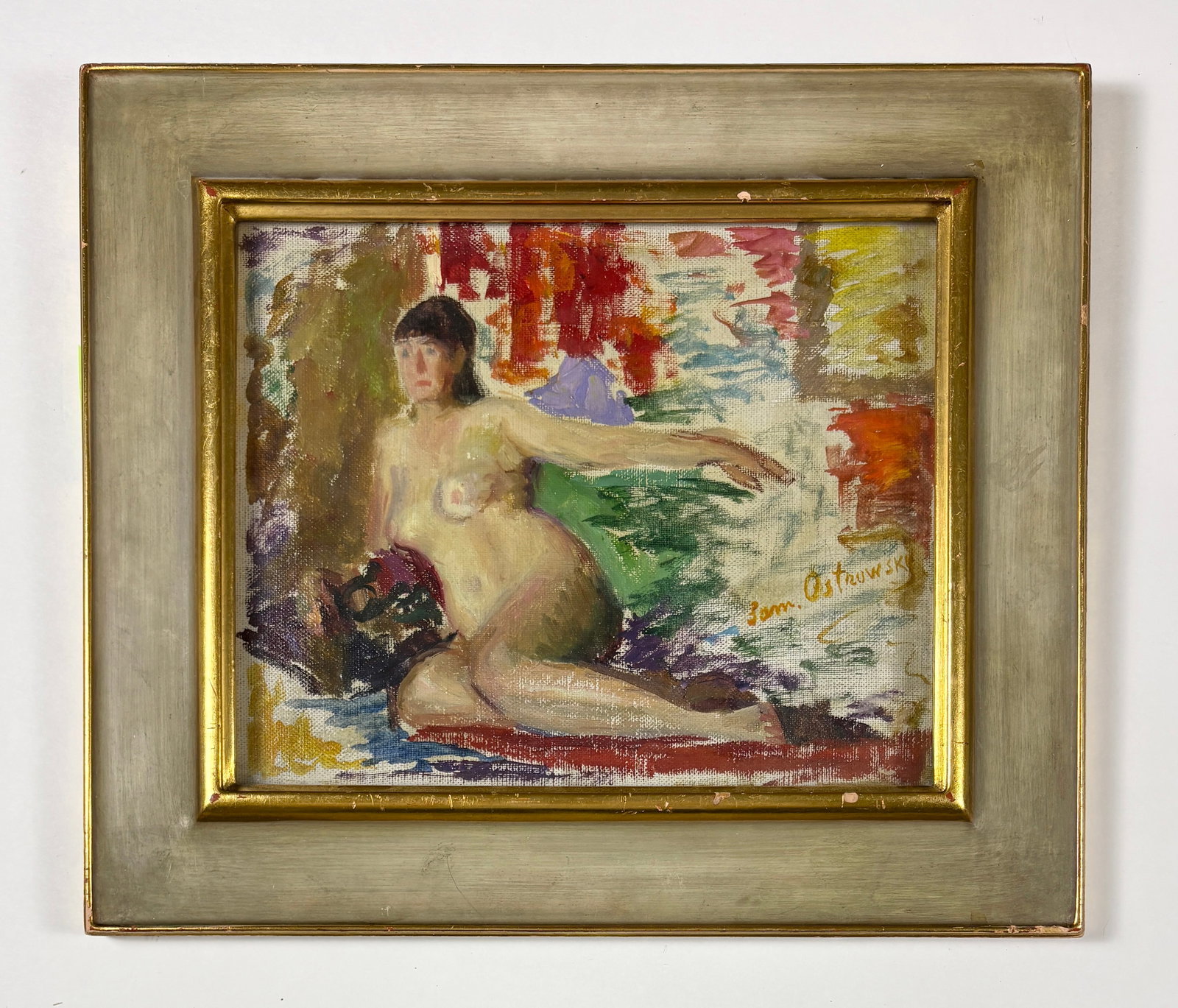 Samuel Ostrowsky – Post Impressionistic Woman, Oil on Board: Samuel Ostrowsky Post Impressionistic Woman oil on board 10.25 x 8.25 in; frame: 14.5 x 12.5 in This oil painting depicts a reclining female nude set against a vibrant, loosely articulated background,