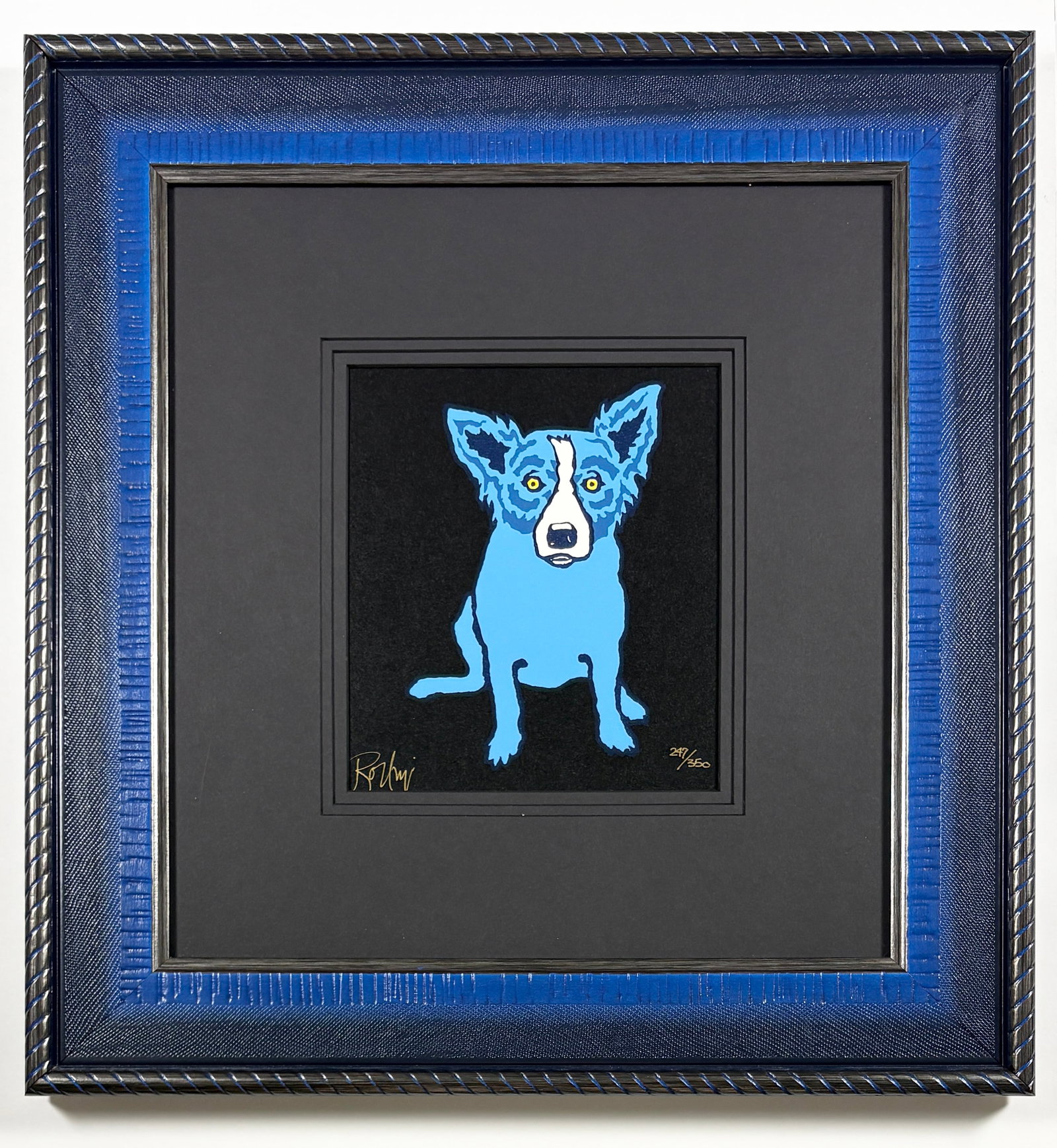 George Rodrigue – Baby Blues, Silkscreen: George Rodrigue (1944–2013) Baby Blues silkscreen 20 x 21 inches This silkscreen print features a stylized blue dog seated against a dark ground, an image drawn from George Rodrigue’s widely