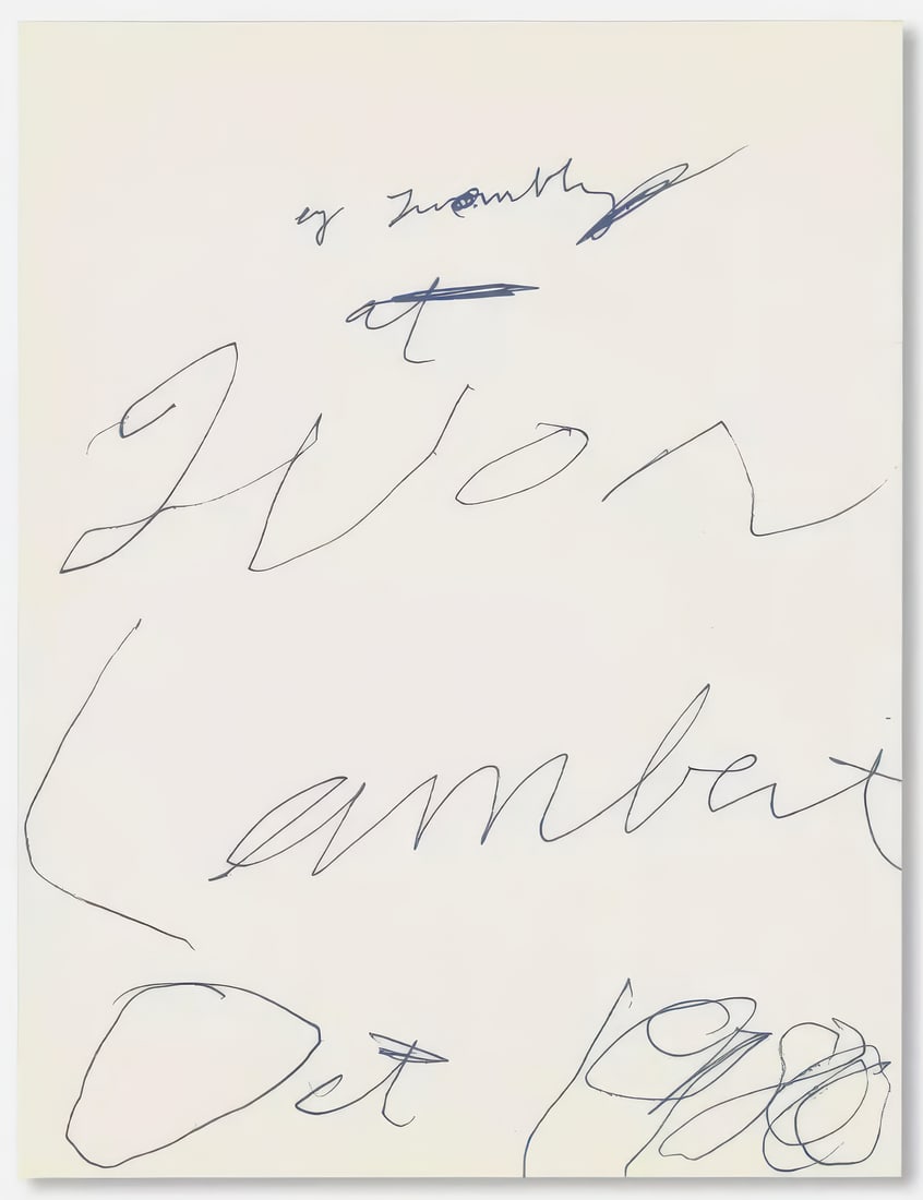 Cy Twombly - Yvon Lambert, 1980: Cy Twombly (1928–2011) Yvon Lambert 1980 offset lithograph 8.5 x 11 inches This offset lithograph dates to 1980 and bears the title Yvon Lambert, referencing the Paris-based gallerist closely associ