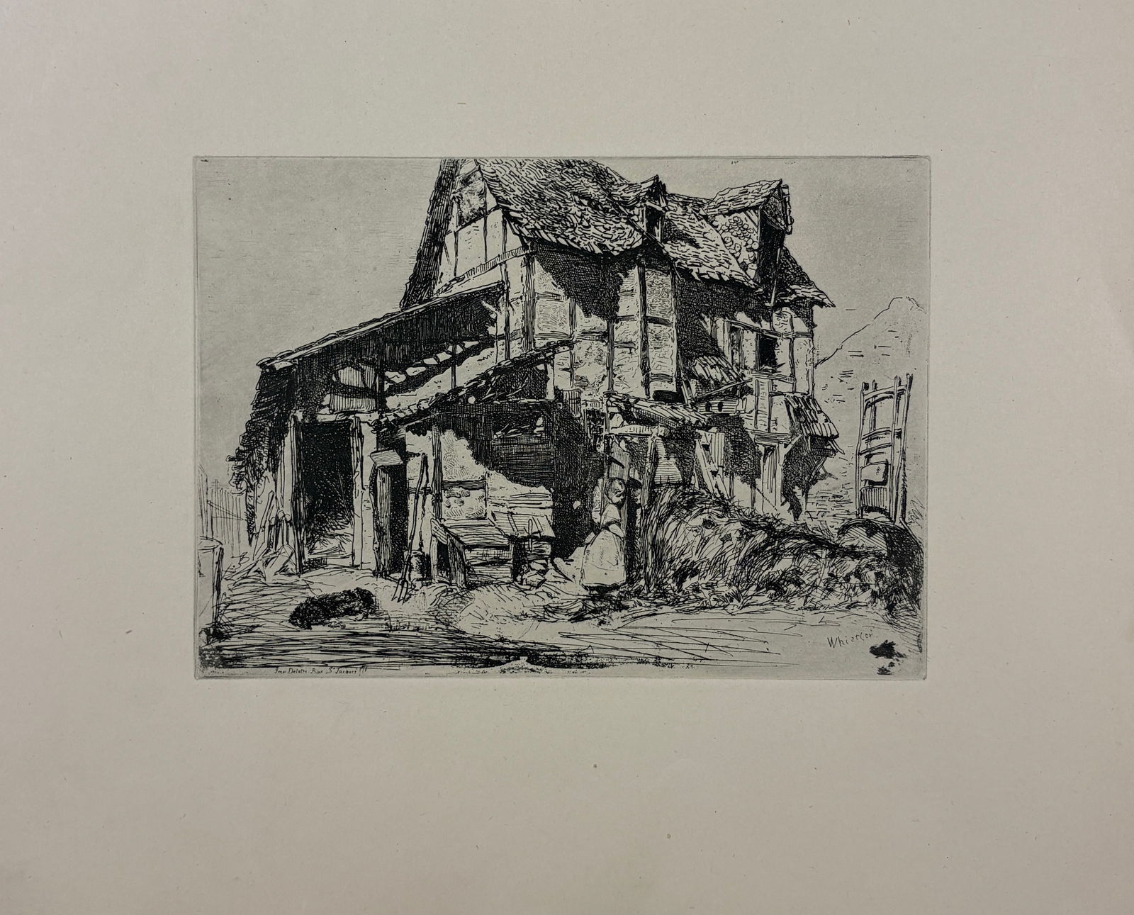 James Abbott McNeill Whistler – The Unsafe Tenement, Engraving: James Abbott McNeill Whistler (1834–1903) The Unsafe Tenement 1858 engraving 11.25 x 8.25 in This engraving depicts a deteriorating urban structure rendered with dense line work and tonal
