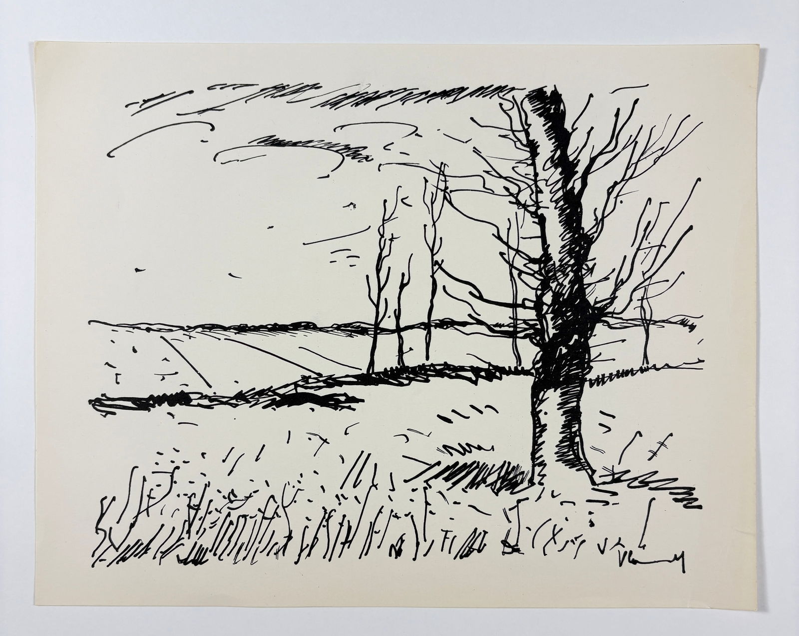 Maurice de Vlaminck – Valley of the Avre, Print: Maurice de Vlaminck (1876–1958) Valley of the Avre 1958 print on paper 12 x 9.5 inches This print depicts a rural landscape identified as the Valley of the Avre, rendered with vigorous linear