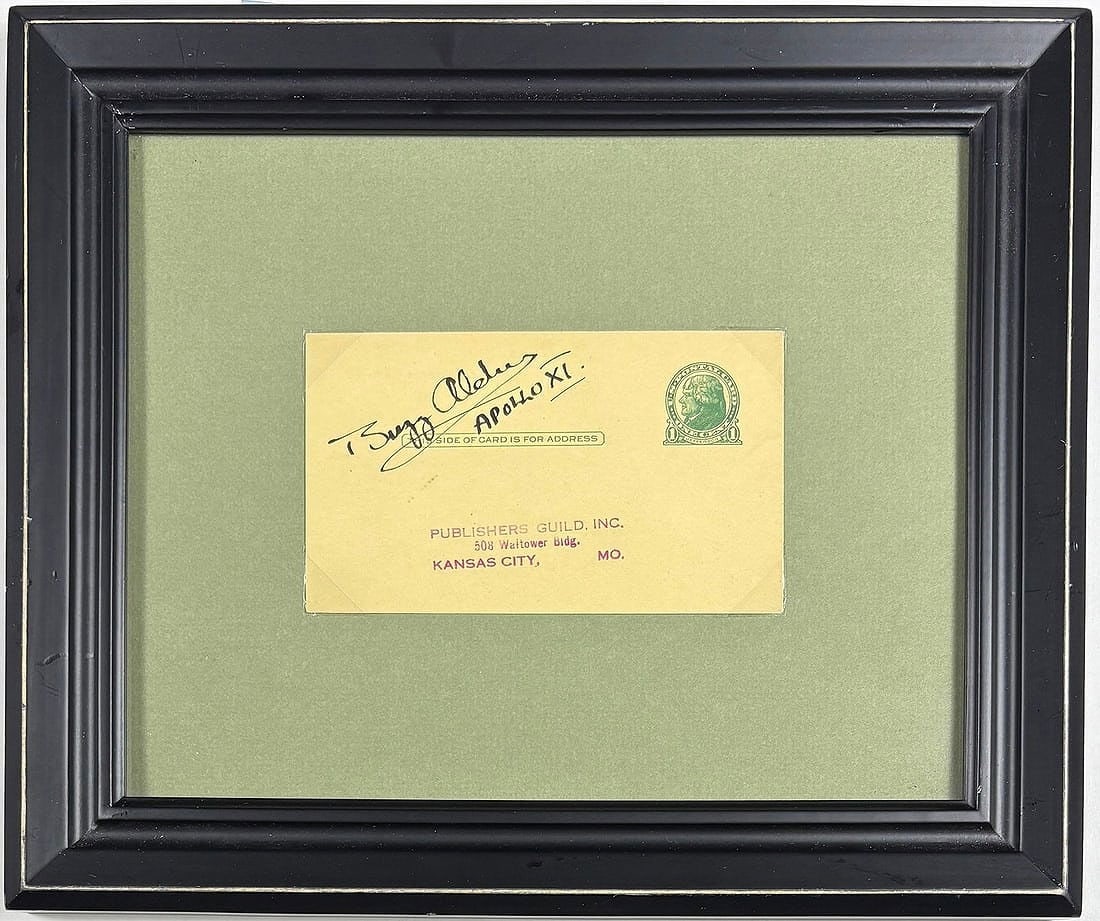 Buzz Aldrin - Hand Signed Postal Card: Buzz Aldrin Hand Signed Postal Card 20th century postal card with ink signature approximately 10.25 x 12.25 inches (framed) This framed postal card bears a handwritten signature by astronaut Buzz
