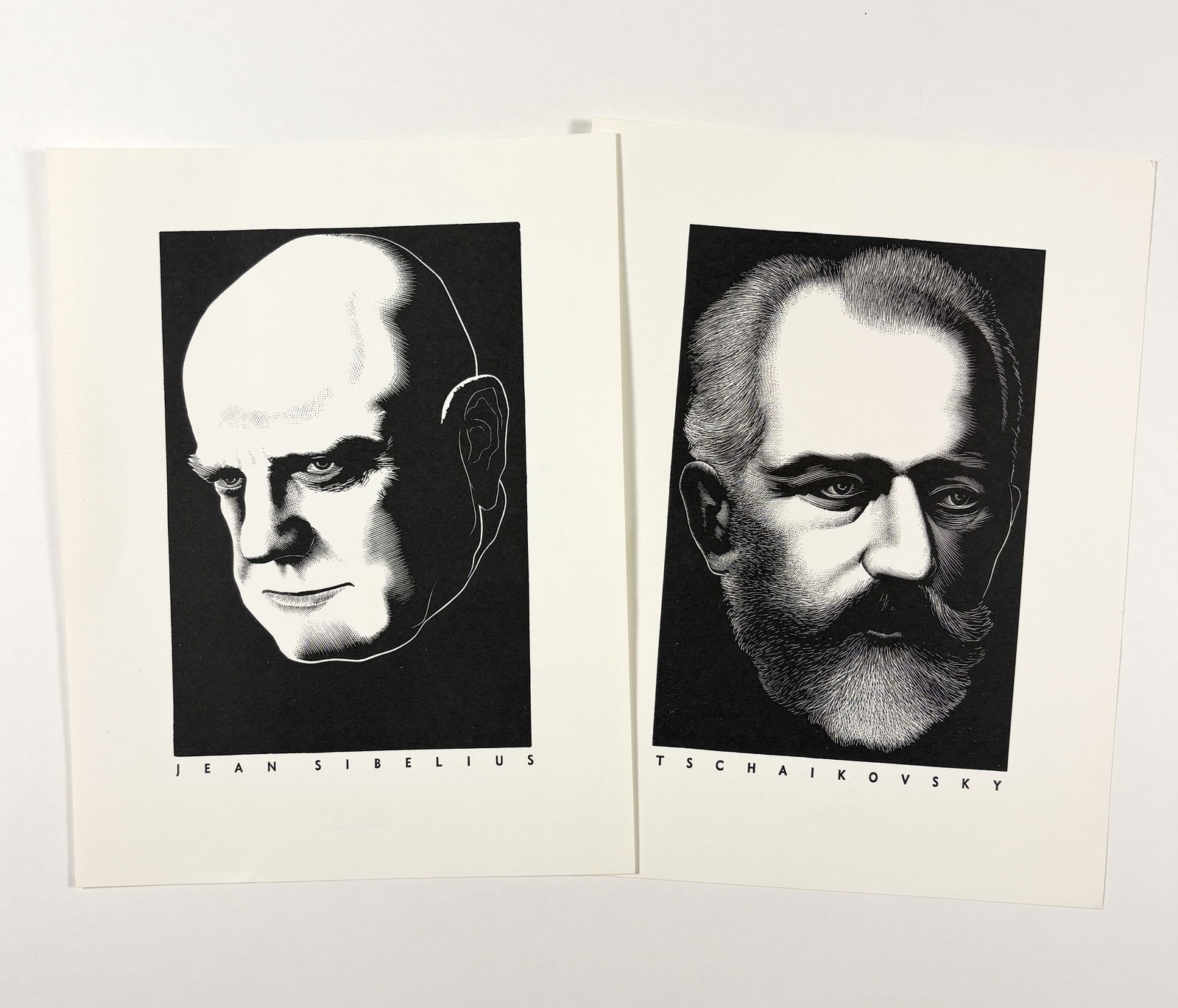 Paul Landacre – Tschaikovsky and Jean Sibelius, Engravings: Paul Landacre (1893–1963) Tschaikovsky and Jean Sibelius 1979 engravings on paper 9.5 x 7 inches each This lot comprises two engraved portraits depicting the composers Pyotr Ilyich Tschaikovsky