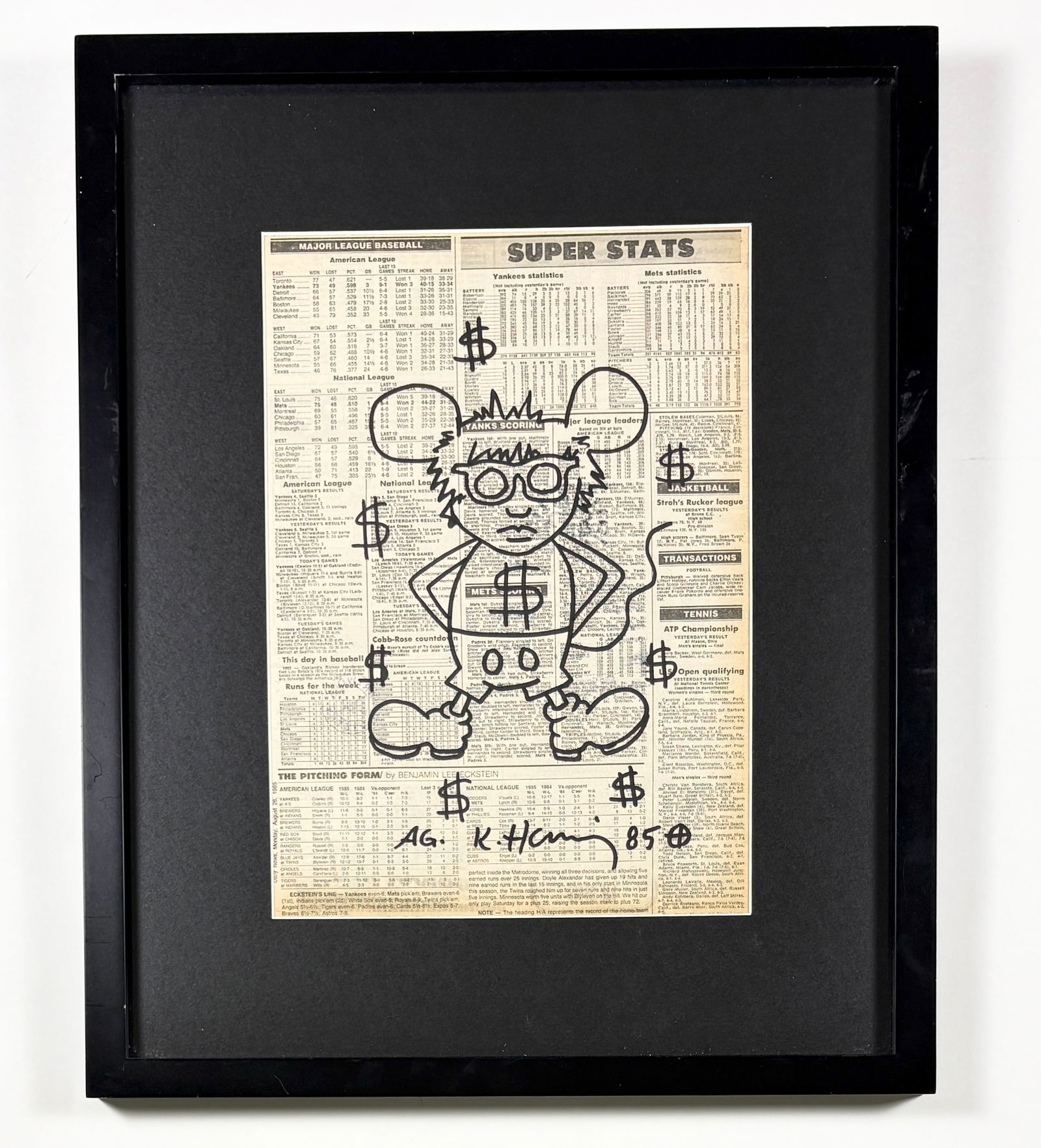 Keith Haring – Andy Mouse Drawing on Newspaper, Attrib.: Attributed Keith Haring (1958–1990) Andy Mouse 1985 ink on newspaper 17.25 x 21.25 inches This work is a black ink drawing executed directly on a printed newspaper sports page, depicting Andy Mouse,