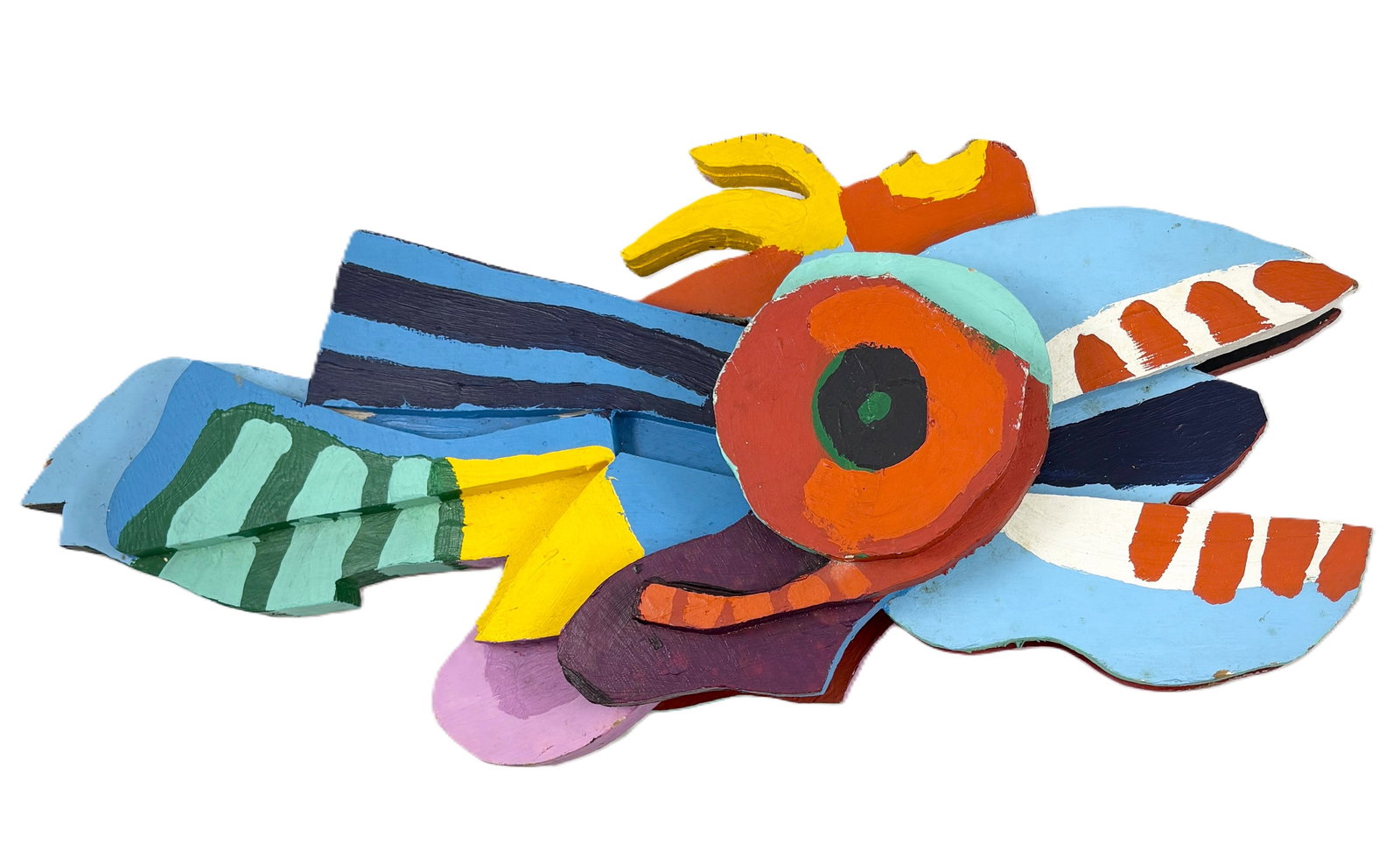 Karel Appel – Flying Fish, Hand Painted Wood: Karel Appel (1921–2006) Flying Fish 1977 painted wood approximately 32.75 inches long This sculptural work depicts a brightly colored, stylized fish rendered in layered painted wood, reflecting
