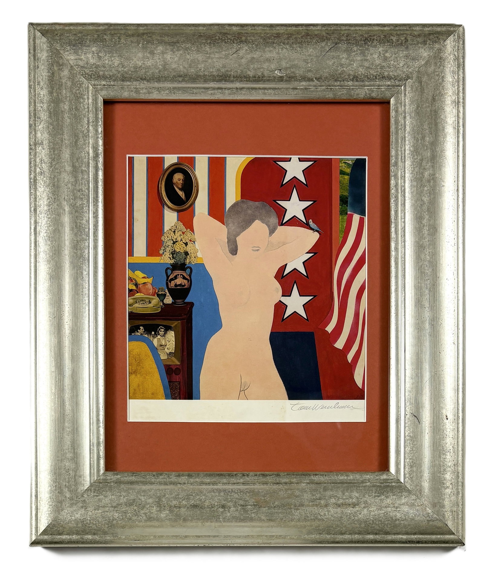 Tom Wesselmann - Great American Nude #34 Print: TOM WESSELMANN (American, 1931-2004) Great American Nude #34 print on paper, hand signed verso note identifying the image as G.A.N. #34, 1962 sight 8.5 x 9.5 in. (21.6 x 24.1 cm) frame 15.75 x 18.75 i