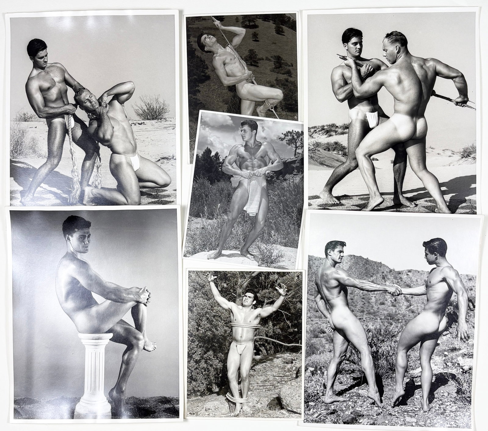 Bruce of Los Angeles & Western Photography Guild - Seven Vintage Male Physique Photographs: BRUCE HARRY BELLAS (Bruce of Los Angeles) (American, 1909-1974) WESTERN PHOTOGRAPHY GUILD Grouping of Seven Male Physique Photographs vintage gelatin silver prints various outdoor and studio poses eac