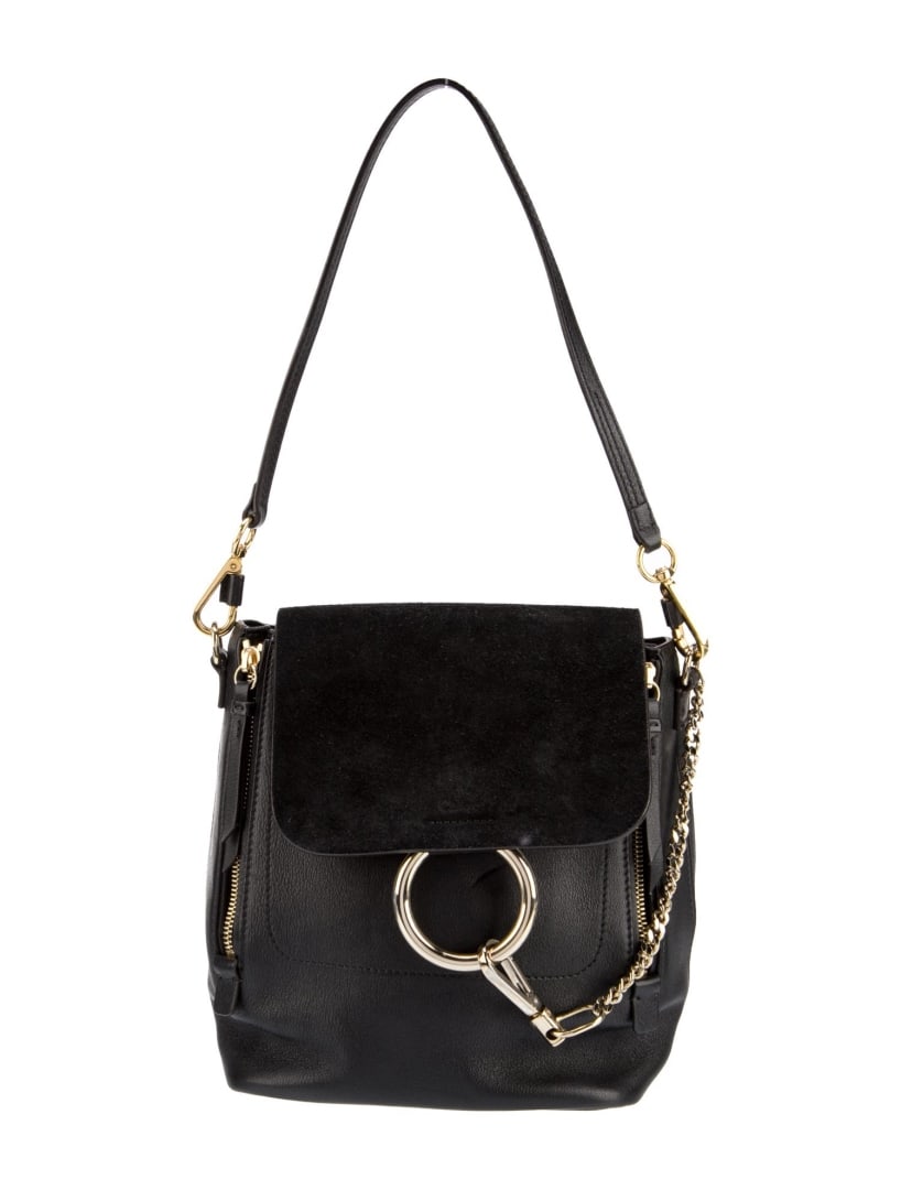 Chloe Black Leather Suede Trim Shoulder Bag: Condition is Very Good, pre-owned. Details: Black Leather, Antiqued Gold-Tone Hardware, Suede Trim, Flat Handle, Dual Adjustable Shoulder Straps, Chain-Link Accents, Canvas Lining, Dual Interior Pocke