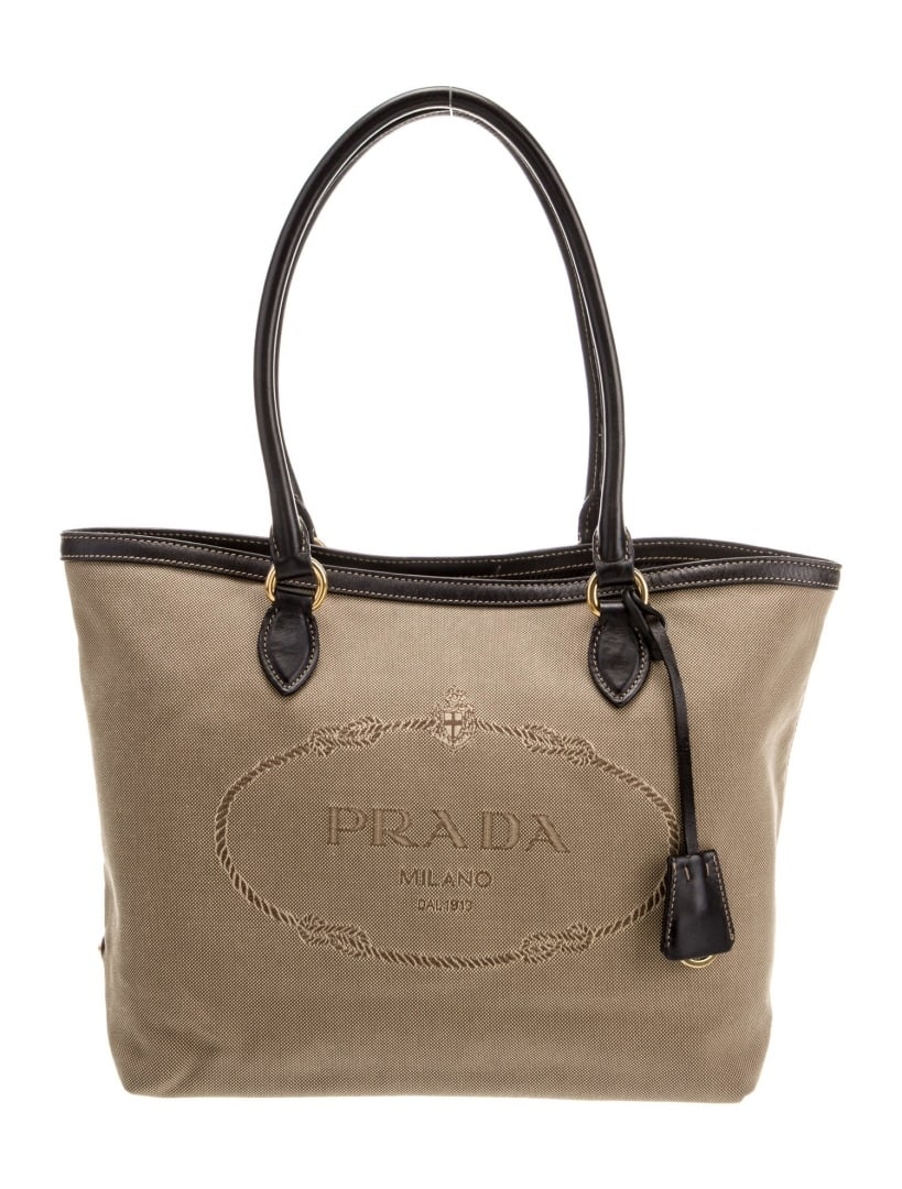Prada Brown Canvas Enameled Metal Triangle Tote (1 of 6)