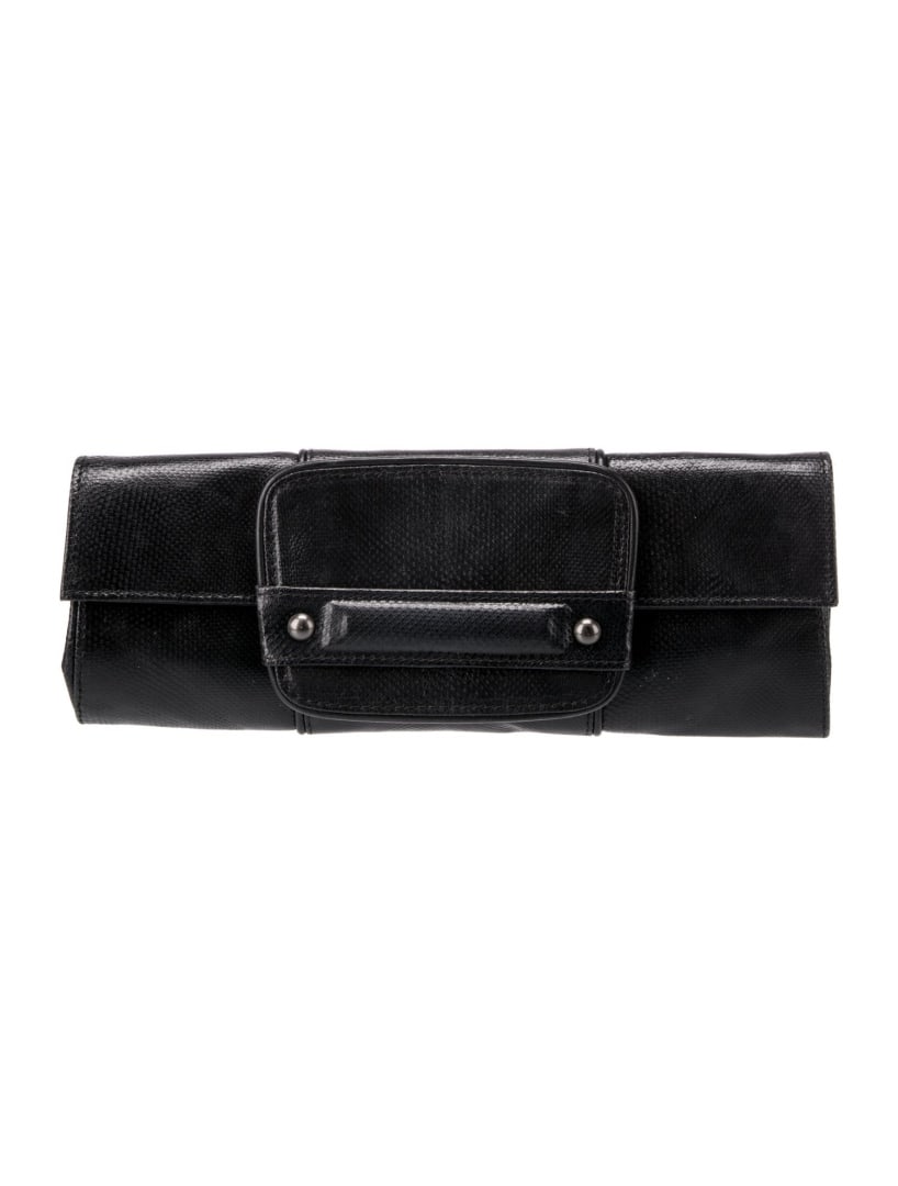 Givenchy Black Karung Twill Lining Clutch: Condition is Very Good, pre-owned. Details: Black Karung, Silver-Tone, Gunmetal Hardware, Twill Lining, Single Interior Pocket, Flap, Snap Closures at Front, Height: 4.25", Width: 10.25", Depth: 0.5",