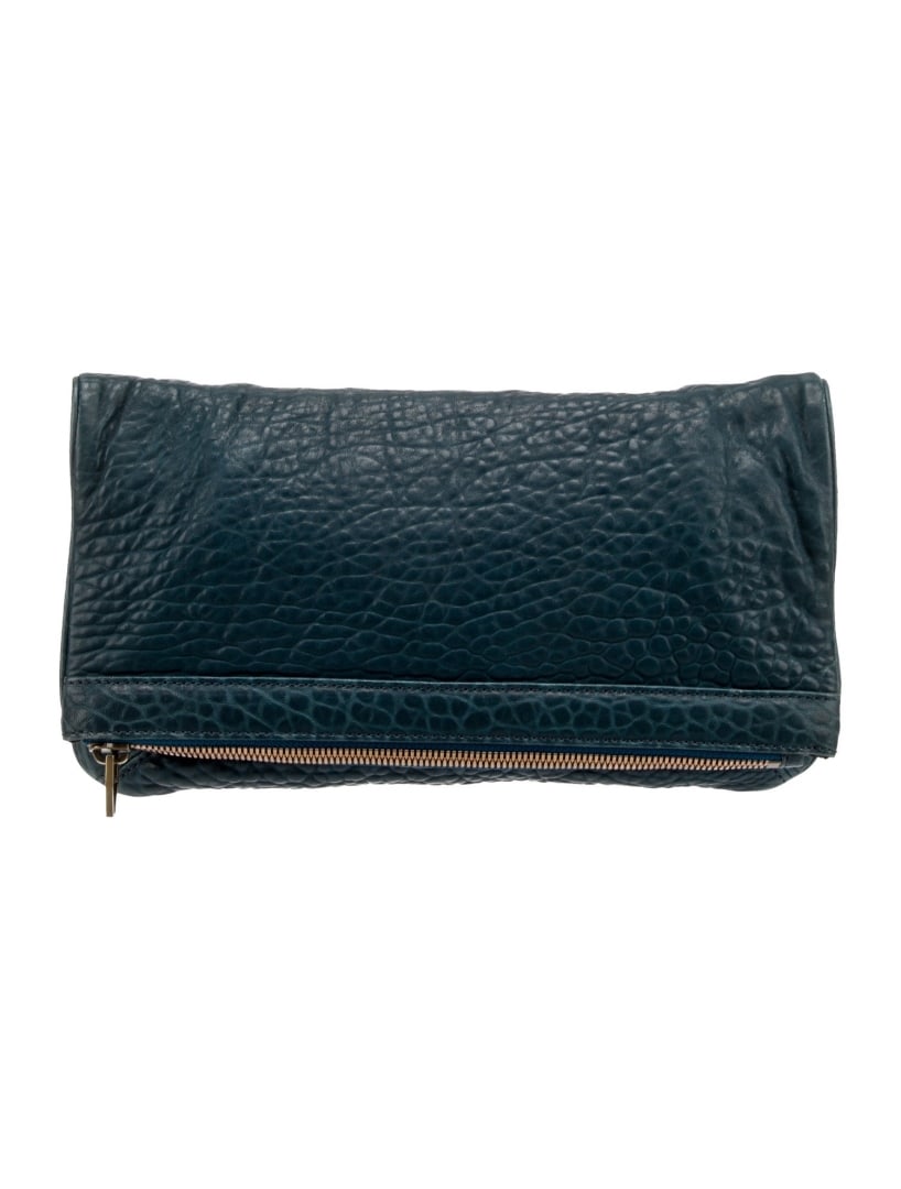 Alexander Wang Blue Leather Nylon Lining Clutch: Condition is Very Good, pre-owned. Details: Blue Leather, Brass Hardware, Dual Exterior Pockets, Nylon Lining, Single Interior Pocket, Snap Closure at Front, Height: 8.25", Width: 13.5", Depth: 1.25",