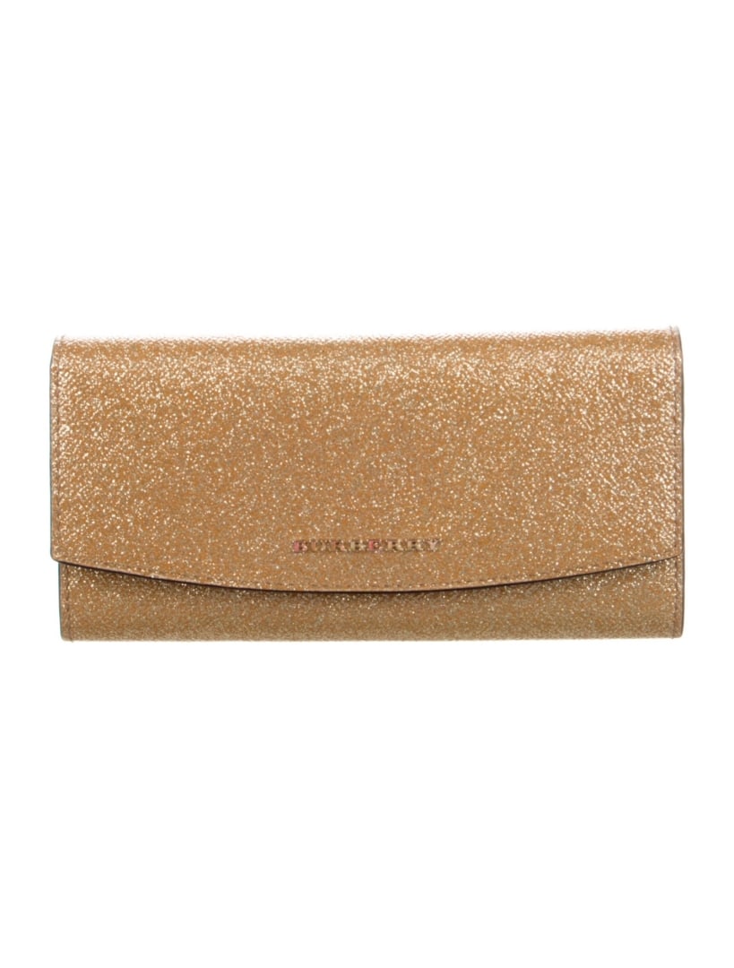 Burberry Gold Leather Continental Wallet: Condition Is Excellent, Pre-owned. Details: Gold Leather, Gold-tone Hardware, Leather Lining, Dual Interior Pockets With Card Slots, Snap Closure, Includes Dust Bag, Height: 4.25", Width: 7.5", Depth: