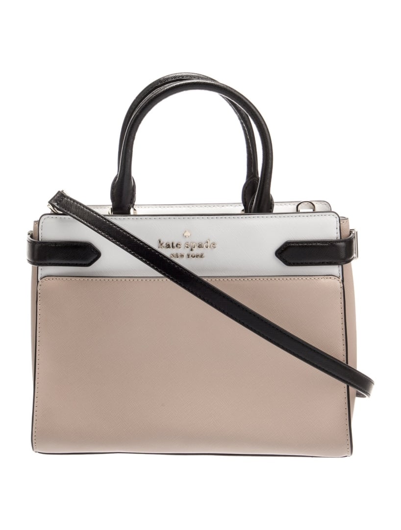 Kate Spade New York Neutral Leather Top Handle Bag: Condition is Very Good, pre-owned. Details: Neutrals Leather, Silver-Tone Hardware, Rolled Handles, Single Adjustable Shoulder Strap, Dual Exterior Pockets, Logo Jacquard Lining, Dual Interior Pockets