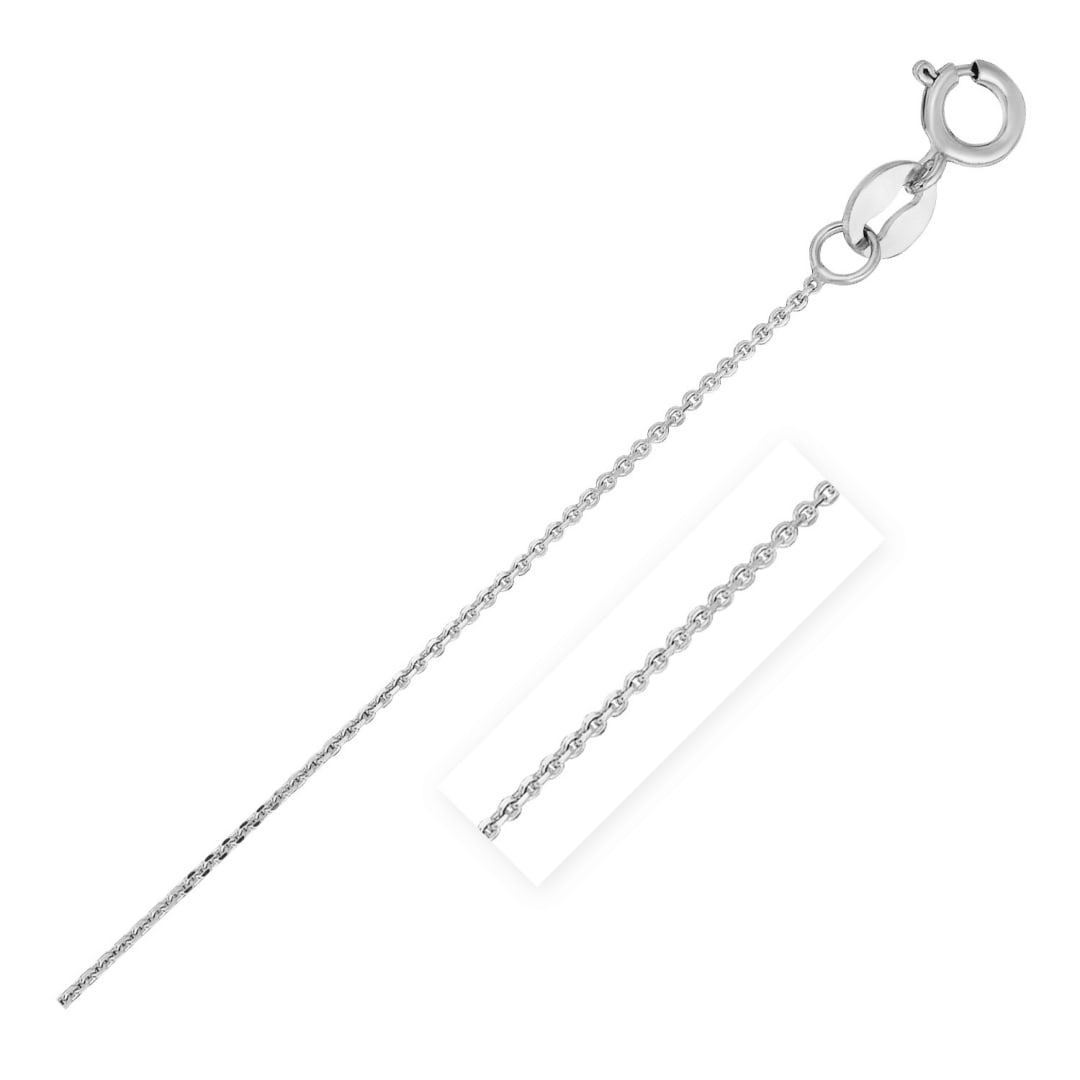 14k White Gold Diamond Cut Cable Link Chain 0.7mm: Size: 16''. This diamond cut cable link chain comes in 14k white gold and has a width of 0. 7 millimeters. Chain information: width: 0. 03 inches, chain type: cable, approximate weight: 0. 4 gram(s).