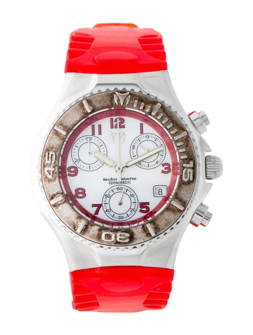 Technomarine Classic Chrono Mop Dial Watch 40mm: Condition is good, pre-owned. Unisex watch. Details: mother of pearl dial, red silicone strap, tang buckle, wrist size of 6. 5" or smaller. Collection: classic, ref. No: n/a, movement: quartz, complic