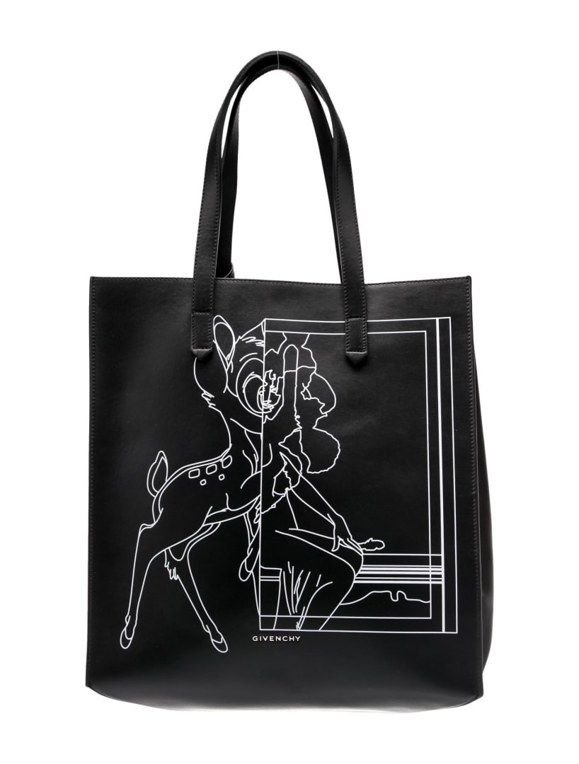 Givenchy Black Leather Graphic Print Open Top Tote: Condition is pristine, pre-owned. Details: black leather, graphic print, silver-tone hardware, flat handles, dual shoulder straps, suede lining, open top, includes interior zip pouch, shoulder strap d