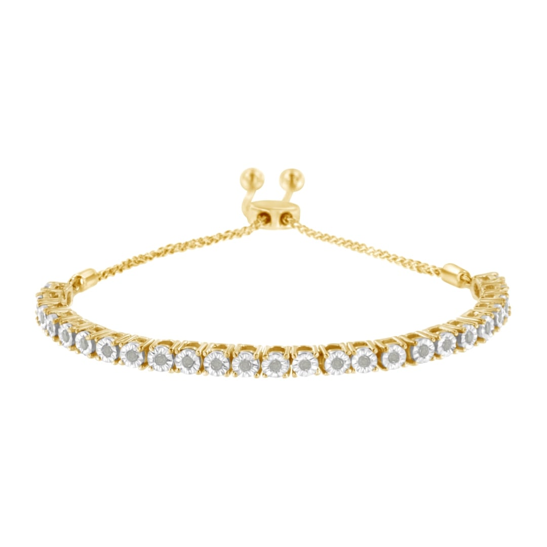 10k Gold-pl .25ct Diamond Bolo Tennis Bracelet: Length: 7". A captivating bracelet adorned with 25 natural round diamonds, totaling 0. 25 carats. These diamonds have an approximate clarity rating of i3-promo and exhibit a warm i-j color, it has a c