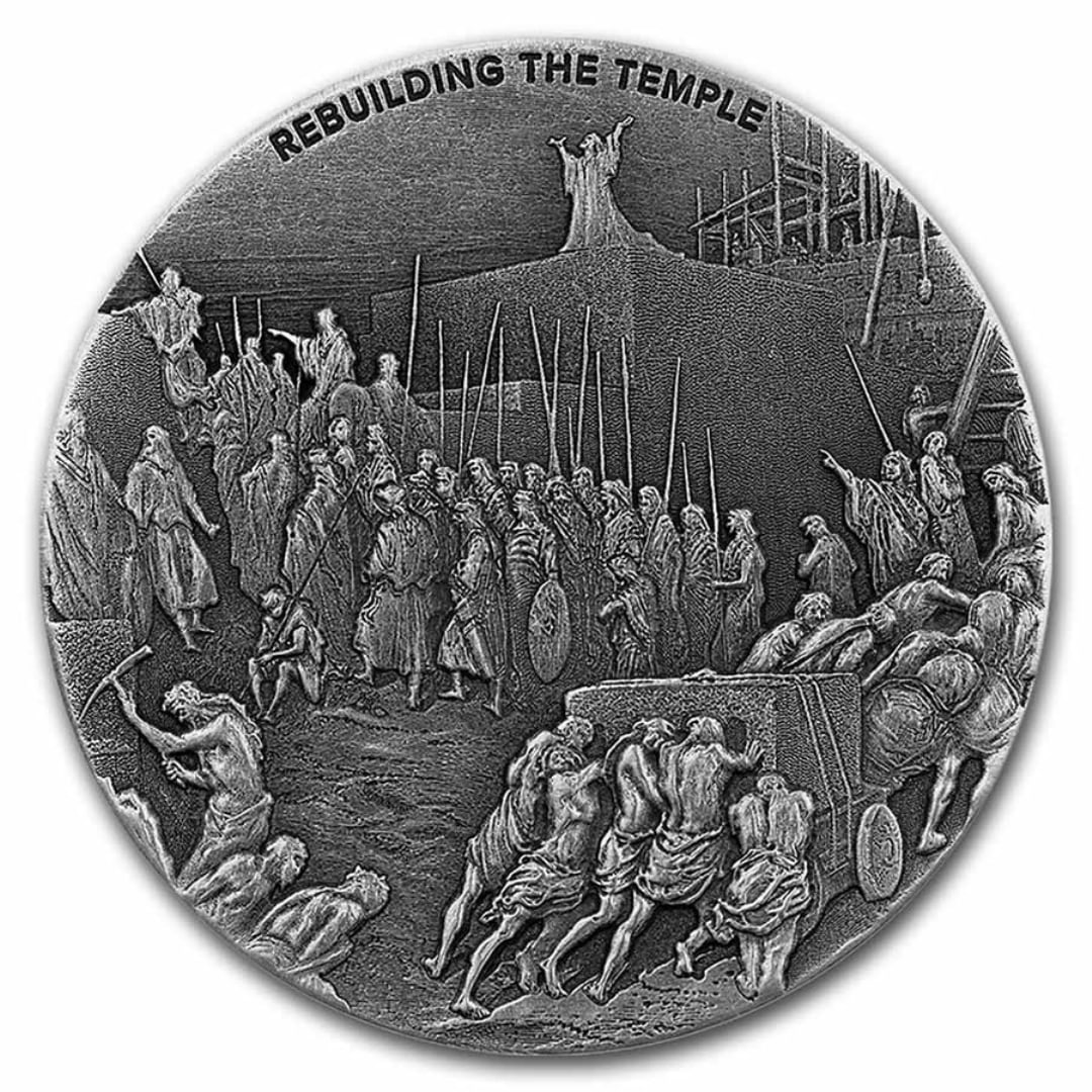 2021 2oz Silver Rebuilding The Temple W/ Box & Coa: This fourth release of 2021, titled "rebuilding the temple," is the 40th overall release in the biblical series, showcasing iconic biblical scenes. It has a limited mintage of 1,499 pieces and feature