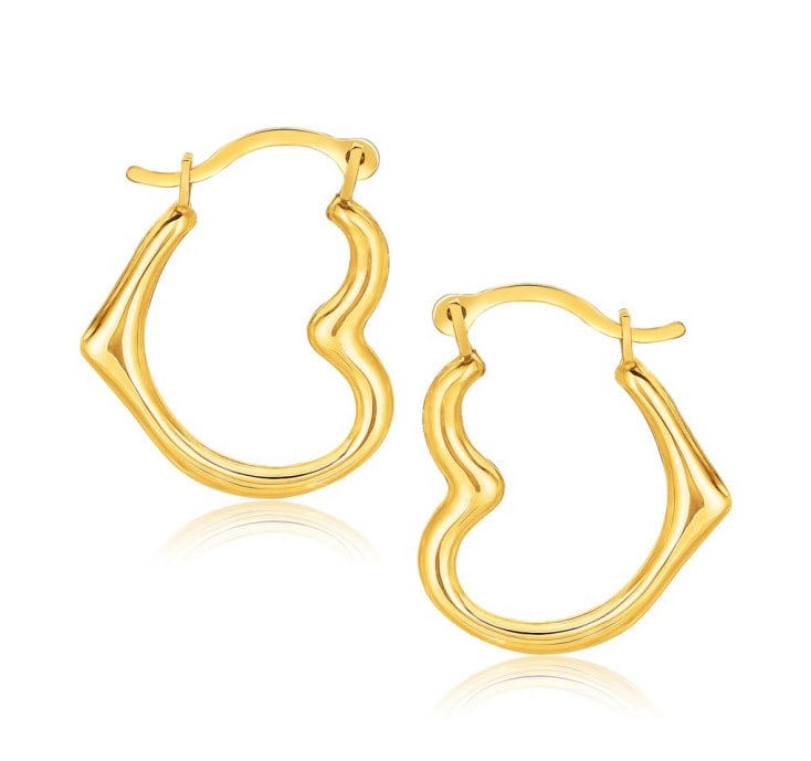 10k Gold Heart Hoop Earrings: 10k gold, these earrings featured hoops in a heart shape and secured with a snap post backing. Earring information: length: 0. 63 inches, width: 0. 50 inches, approximate weight: 0. 35 gram(s).
