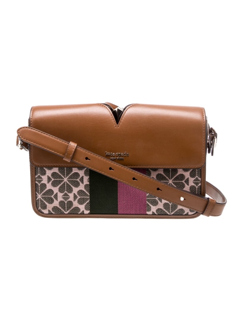 Kate Spade New York Canvas Crossbody Bag: Condition is excellent, pre-owned. Details: brown canvas, printed, silver-tone hardware, single adjustable shoulder strap, single exterior pocket, suede lining, dual interior pockets, flap closure at 