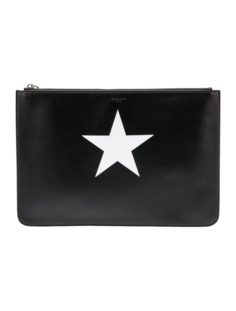 Givenchy Black Leather Graphic Print Clutch: Condition is very good, pre-owned. Details: black leather, graphic print, silver-tone hardware, leather lining, zip closure at top, includes dust bag, height: 8. 25", width: 12. 25", depth: 0. 25", ge