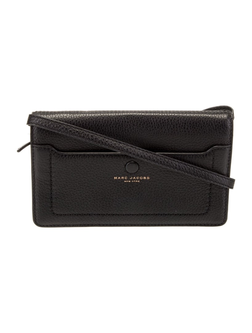 Marc Jacobs Tassel Accents Grosgrain Clutch: Condition is very good, pre-owned. Details: black leather, gold-tone hardware, single adjustable shoulder strap, single exterior pocket, grosgrain lining, dual interior pockets with card slots, snap c