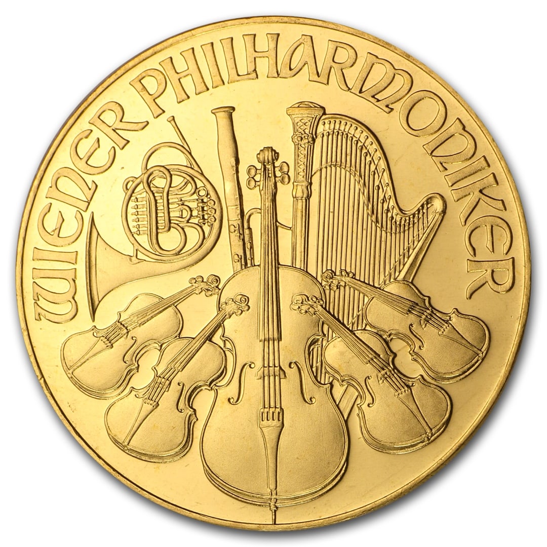 1990 Austria 1 Oz Gold Philharmonic Bu: This attractive 2nd year of issue gold piece contain 1 oz of . 9999 fine gold. Obverse: the great organ of the golden hall in vienna's concert hall, the musikverein, along with the year, weight and fa