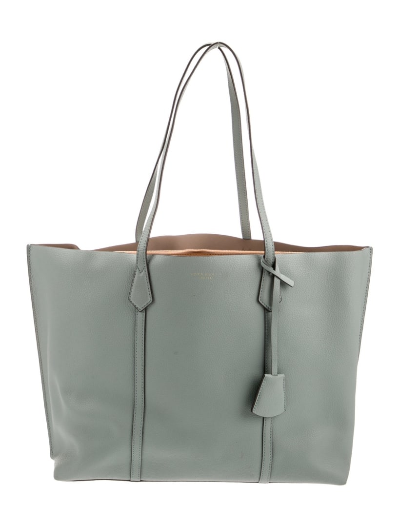 Tory Burch Grey Leather Leather Lined Tote: Condition is very good, pre-owned. Details: grey leather, gold-tone hardware, flat handles, dual shoulder straps, leather lining, four interior pockets, open top, protective feet at base, shoulder str