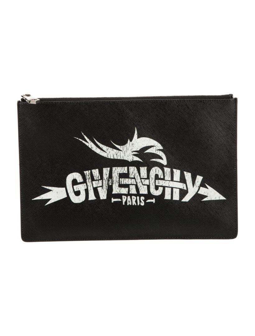 Givenchy Black Leather Zip Closed Evening Bag: Condition is very good, pre-owned. Details: black leather, graphic print, silver-tone hardware, canvas lining, zip closure at top, includes box, dust bag, height: 7. 75", width: 11. 5", depth: 0. 25",