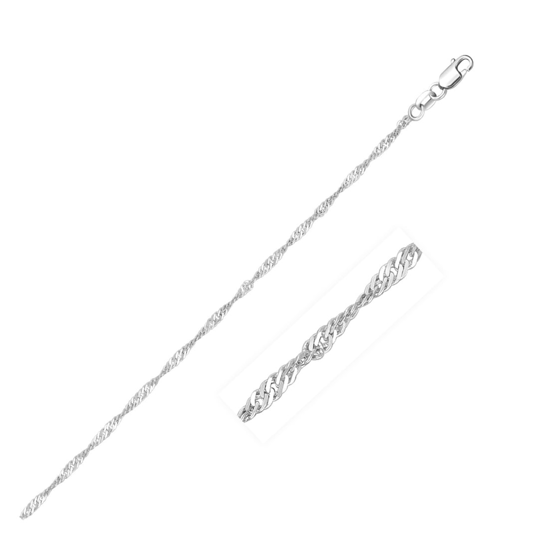 14k White Gold Singapore Chain 1.5mm: Size: 16''. This singapore chain comes in 14k white gold and has a width of 1. 5 millimeters. Chain information: width: 0. 06 inches, chain type: singapore, clasp type: lobster-claw, approximate weigh