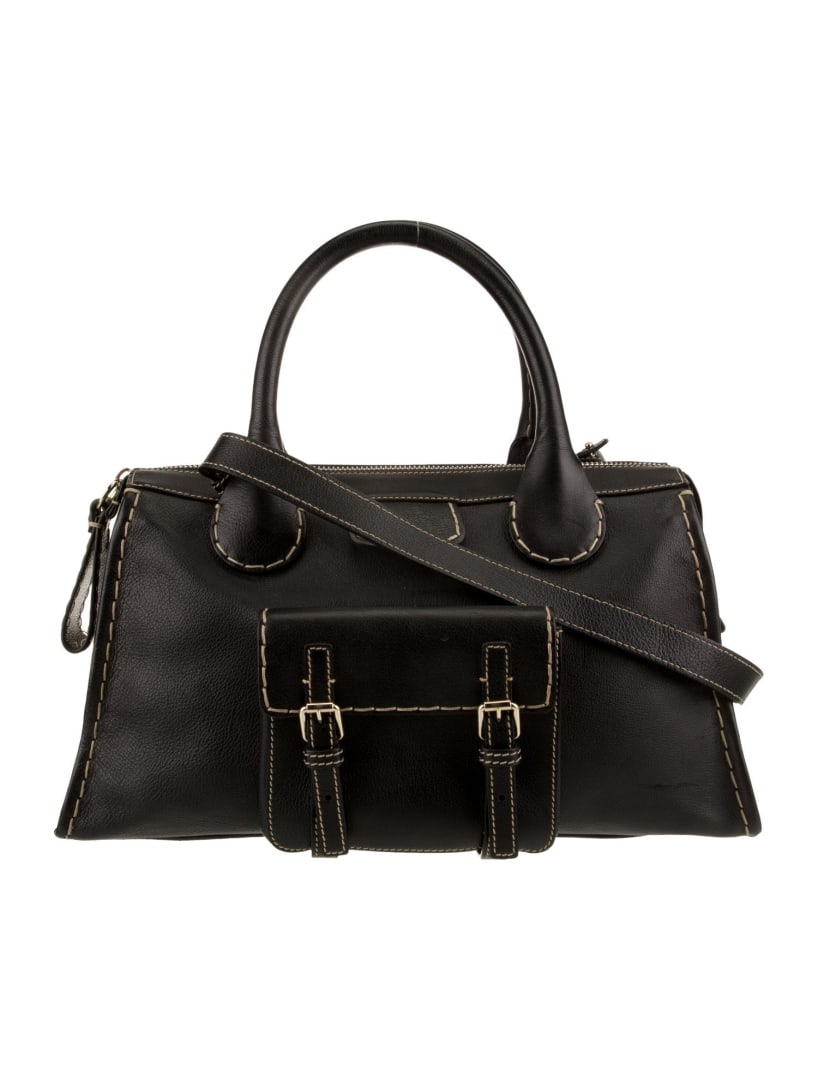 Chloe Black Leather Zip Closed Top Handle Bag: Condition is very good, pre-owned. Details: black leather, gold-tone hardware, rolled handles, single shoulder strap, single exterior pocket, canvas lining, dual interior pockets, zip closure at top,