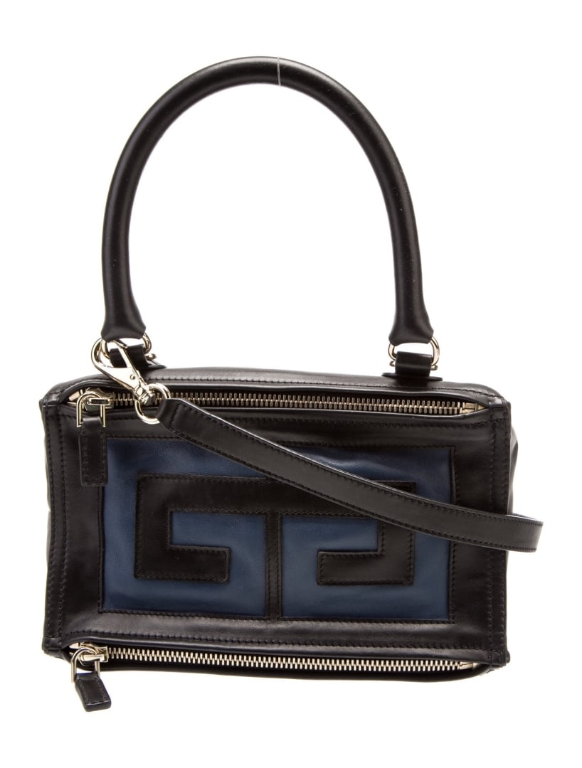 Givenchy Black & Blue Leather Crossbody Bag: Condition is very good, pre-owned. Details: black, blue leather, silver-tone hardware, rolled handles, single adjustable shoulder strap, single exterior pocket, canvas lining, dual interior pockets, z