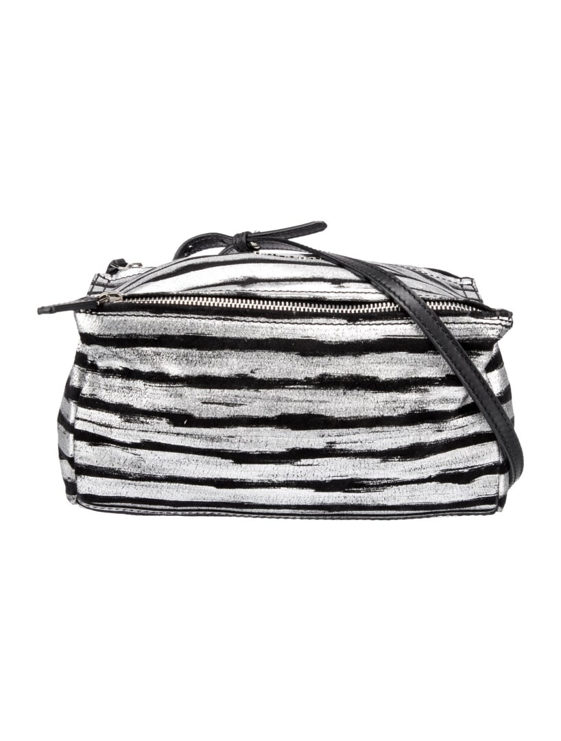 Givenchy Metallic & Silver Striped Crossbody Bag: Condition is very good, pre-owned. Details: metallic, silver leather, striped, silver-tone hardware, single adjustable shoulder strap, canvas lining, single interior pocket, zip closure at top, should
