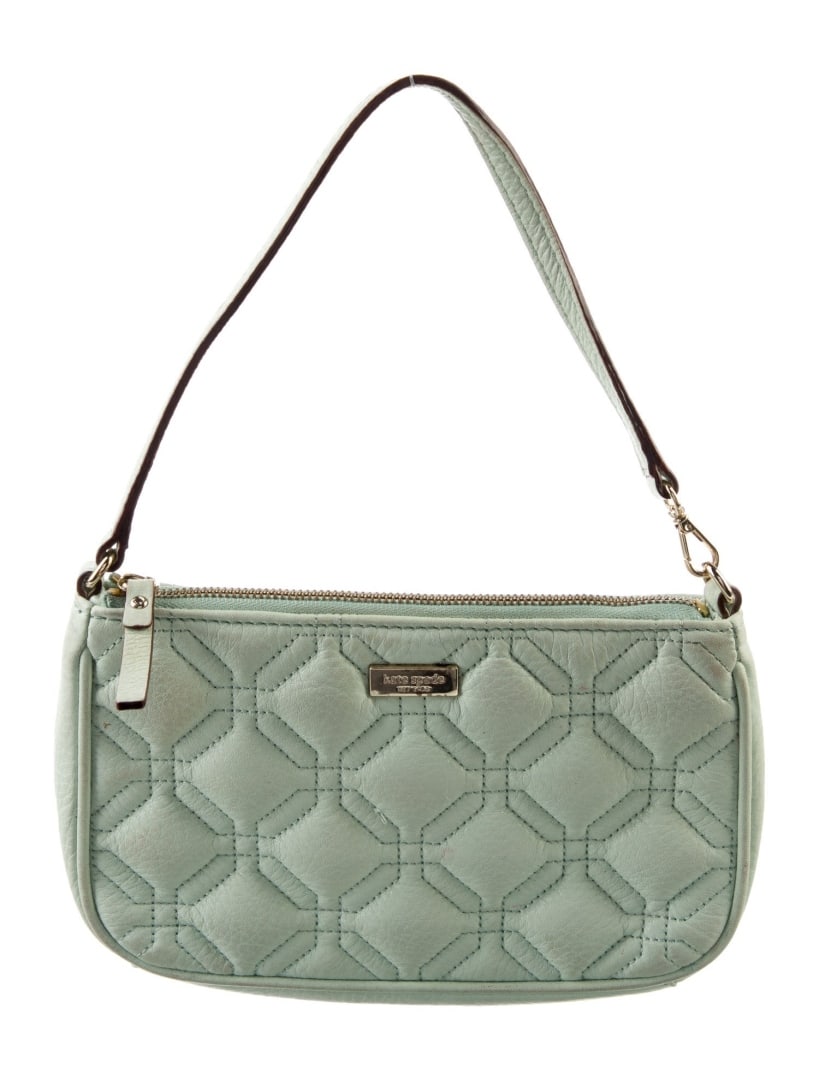 Kate Spade New York Blue Leather Top Handle Bag: Condition is very good, pre-owned. Details: blue leather, printed, quilted pattern, gold-tone hardware, flat handle, canvas lining with card slots, zip closure at top, handle drop: 5. 75", height: 5.