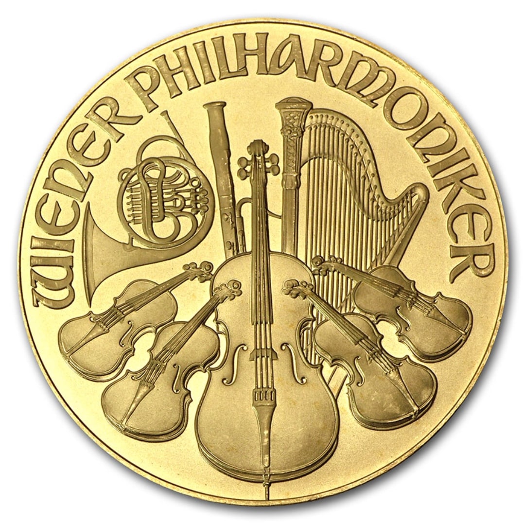 1995 Austria 1 Oz Gold Philharmonic Bu: This attractive classic european gold piece is denominated as '2000 schilling' and contain 1 oz of . 9999 fine gold. Obverse: the great organ of the golden hall in vienna’s concert hall, the mus