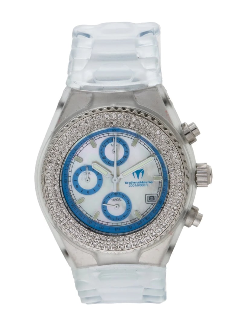 Technomarine Techno Diamond Mop Dial Unisex 40mm: Condition is excellent, pre-owned. Details: mother of pearl dial, transparent rubber strap, tang buckle, fits a wrist size of 7" or smaller, collection: technodiamond, serial number: 14***, movement: