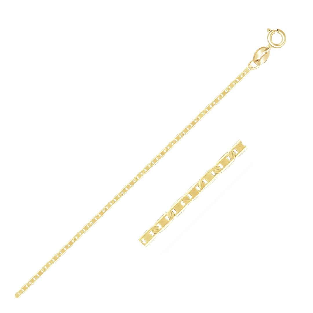 10k Gold Mariner Link Chain 1.2mm: Size: 18''. This mariner link chain comes in 10k gold and has a width of 1. 2 millimeters. Chain information: width: 0. 05 inches, chain type: mariner, approximate weight: 1. 1 gram(s).