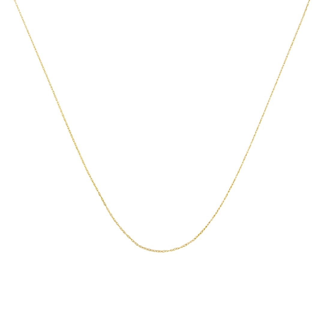 10k Gold Dainty Fine Rope Chain Necklace: Chain length: 18". This elegant necklace features a 10k gold rope chain with a thickness of 0. 5 mm. It is secured with a spring ring clasp and has combined dimensions of 457. 2 x 0. 5 x 0. 5 mm. The 