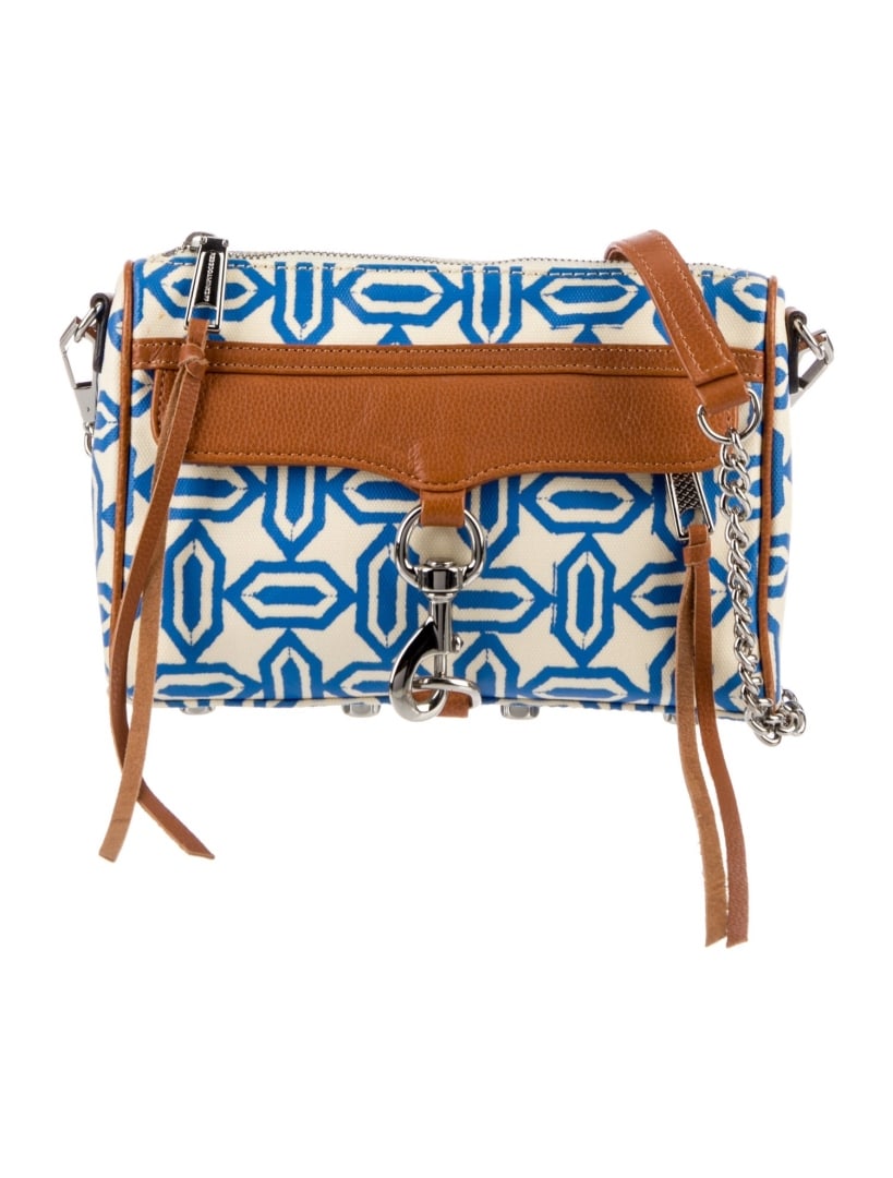 Rebecca Minkoff Printed Chain-link Clutch: Condition is very good, pre-owned. Details: neutrals, printed, silver-tone hardware, leather trim, chain-link handles, chain-link shoulder strap, leather trim embellishment, single exterior pocket, ca