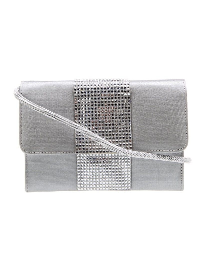 Stuart Weitzman Grey Satin Crossbody Bag: Condition is very good, pre-owned. Details: grey satin, silver-tone hardware, crystal embellishments, canvas lining, snap closure at front, shoulder strap drop: 18", height: 4. 75", width: 6. 75", dep