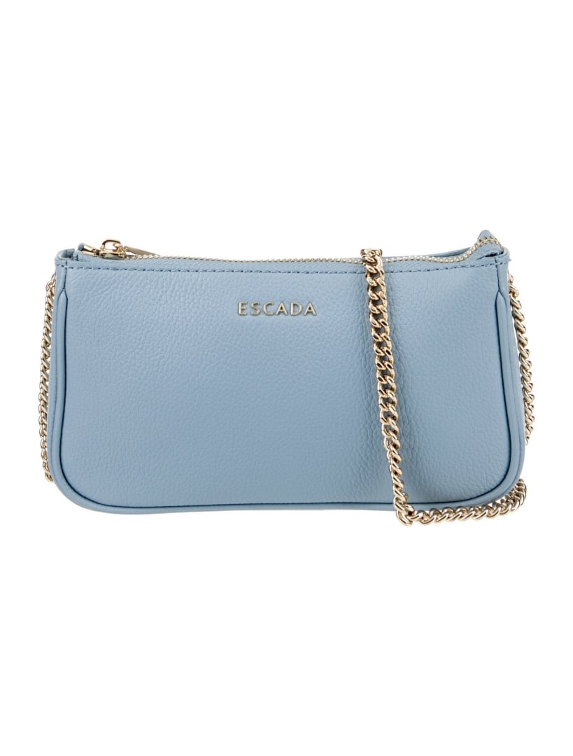 Escada Blue Leather Chain-link Crossbody Bag: Condition is very good, pre-owned. Details: blue leather, gold-tone hardware, chain-link shoulder strap, chain-link accents, canvas lining, single interior pocket, zip closure at top, includes dust ba