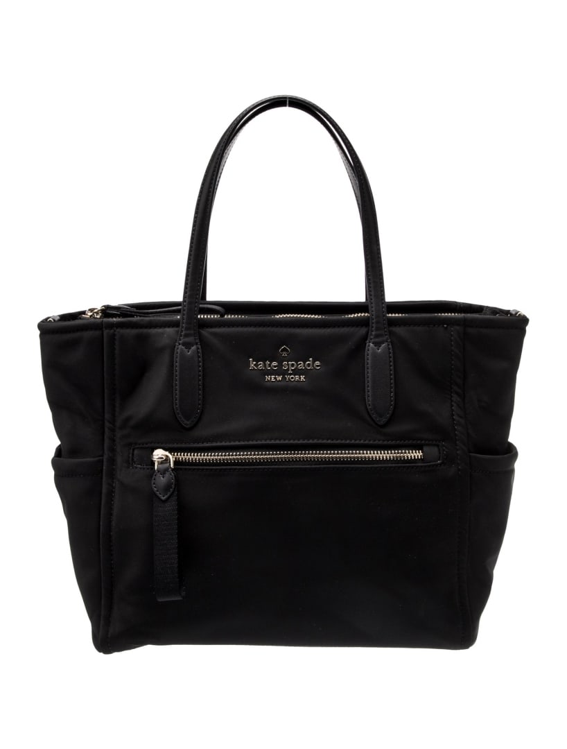 Kate Spade New York Black Nylon Top Handle Bag: Condition is very good, pre-owned. Details: black nylon, gold-tone hardware, leather trim, leather trim embellishment, three exterior pockets, logo jacquard lining, three interior pockets, zip closure